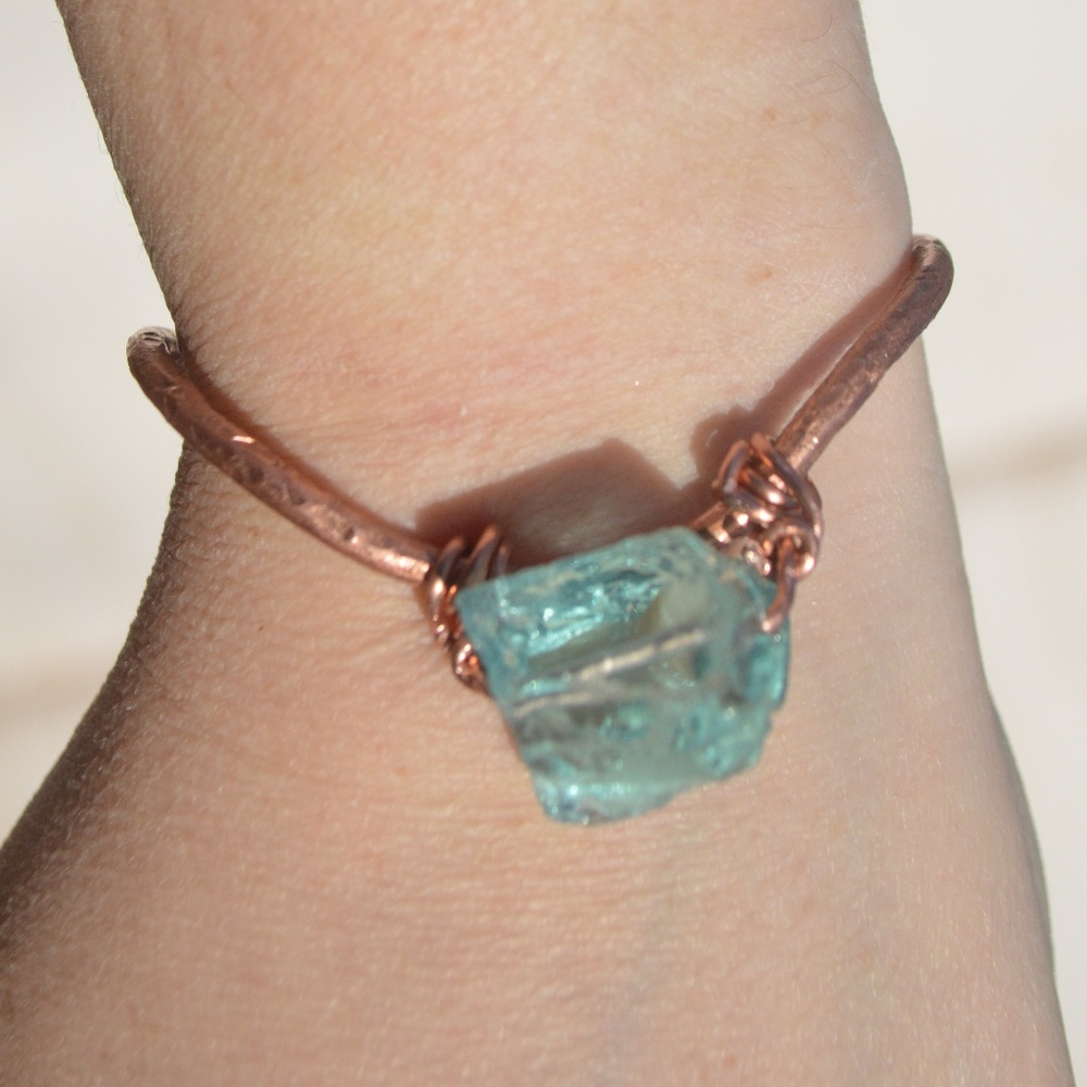 Natural Blue Sea Glass Copper Cuff Bracelet Boho Handmade wire wrapped Gift OOAK - Picture 8 of 8